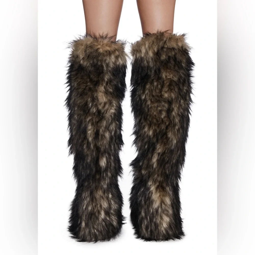 Natural grey thigh high over the knee fur boots size 6